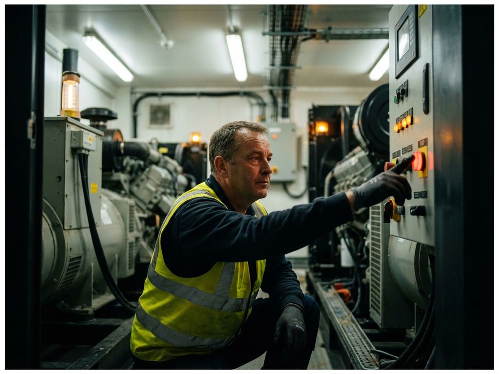 Technicus in veiligheidsvest inspecteert noodgenerator bedieningspaneel in industriële ruimte