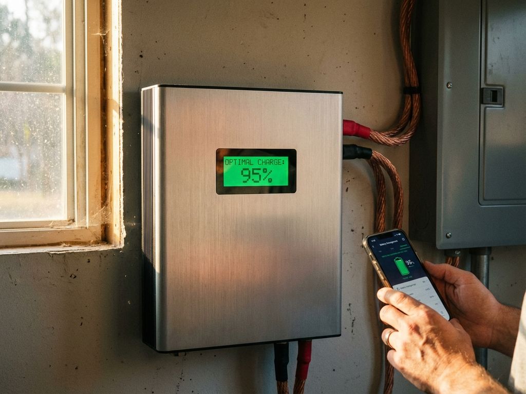 Moderne thuisbatterij op garagemuur met groen display, eigenaar bedient smartphone-app in natuurlijk daglicht