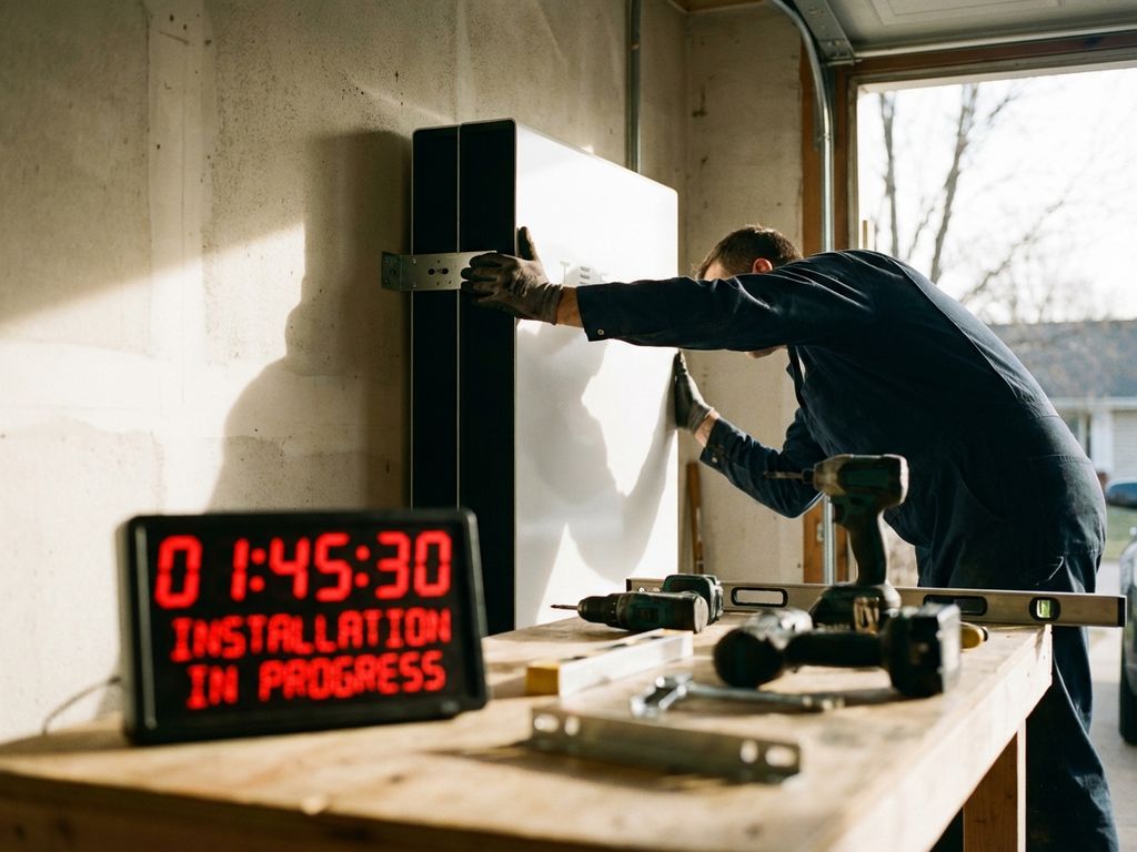 Technicus installeert witte thuisbatterij op garagemuur met gereedschap en timer zichtbaar in warme middagzon