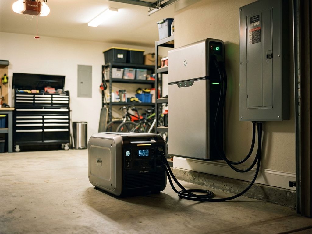 Moderne elektrische paneel met noodstroomgenerator en batterijback-up systeem in woongarage