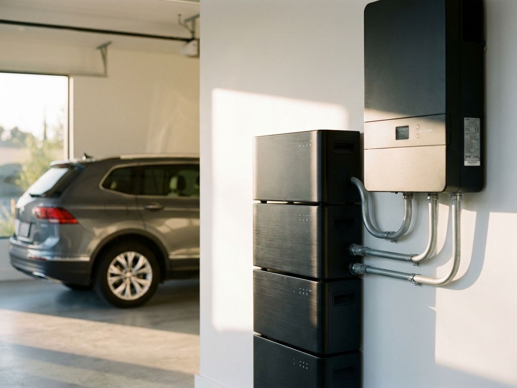 Moderne thuisbatterij-opslagsysteem gemonteerd op witte muur in garage met SUV op achtergrond