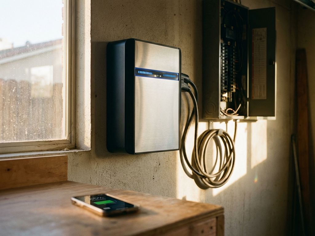 Moderne thuisbatterij aan garagemuur met blauwe LED-indicatoren en smartphone op werkbank in natuurlijk licht