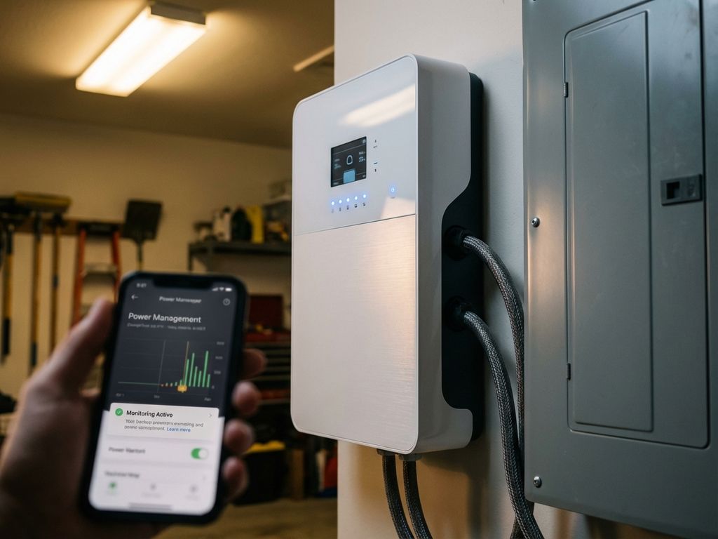 Moderne witte thuisbatterij met digitaal display gemonteerd aan garagemuur, smartphone toont energie-app interface