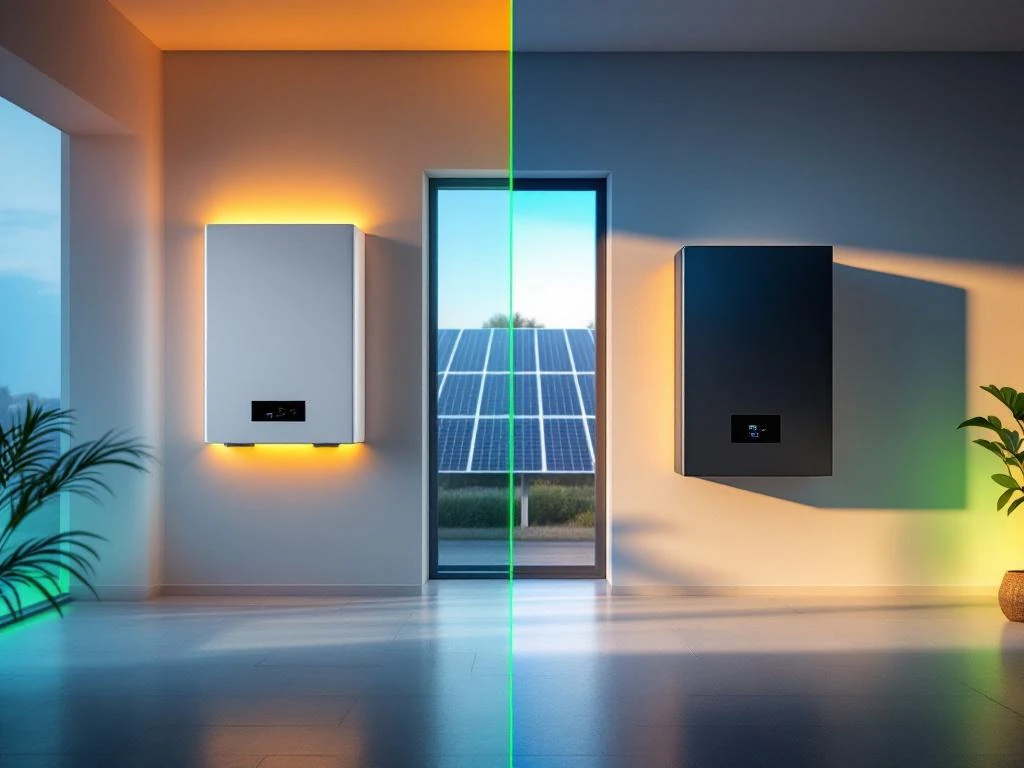 Twee moderne thuisbatterijsystemen naast elkaar: wit en donker metaal, met zonnepanelen op achtergrond