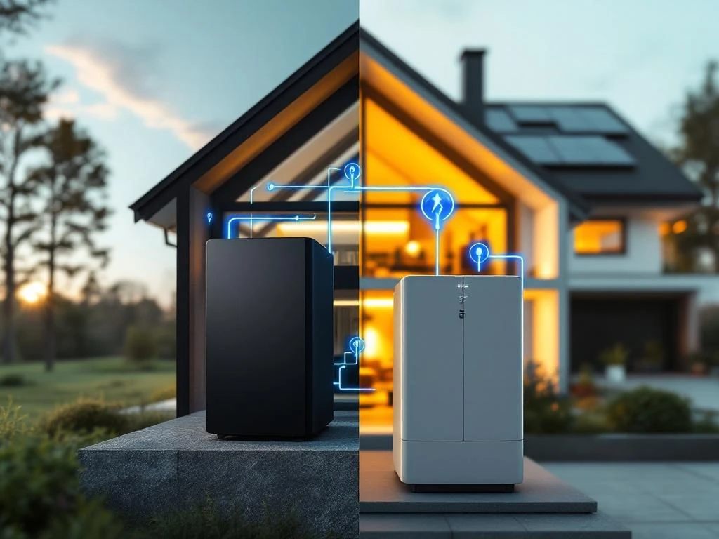 Twee moderne thuisbatterijen, zwart en wit, verbonden met zonnepanelen op Nederlands huis via blauwe energiestromen