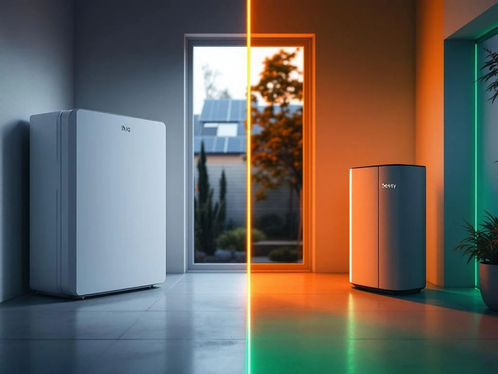 Vergelijking van twee thuisbatterijen: witte Bliq en grijze cilindervormige Sessy in moderne Nederlandse garage met zonnepanelen