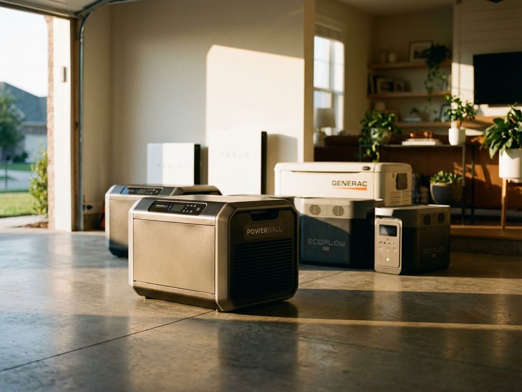 Moderne backup generator op betonnen garagevloer met meerdere units op de achtergrond, natuurlijk daglicht