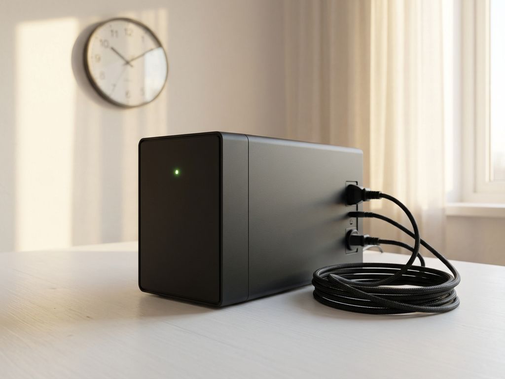 Zwarte UPS noodstroomvoeding op wit oppervlak met LED-indicatoren en netjes gerangschikte kabels