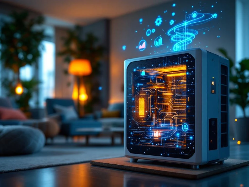 Moderne warmtepomp met blauwe AI-circuits en holografische iconen in eigentijdse woonkamer met warme verlichting