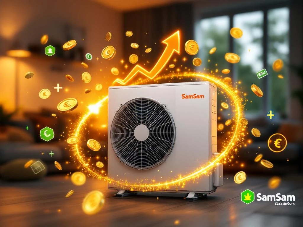 Moderne warmtepomp omringd door gouden munten en euro-symbolen voor Nederlandse woning met energiebesparingsiconen