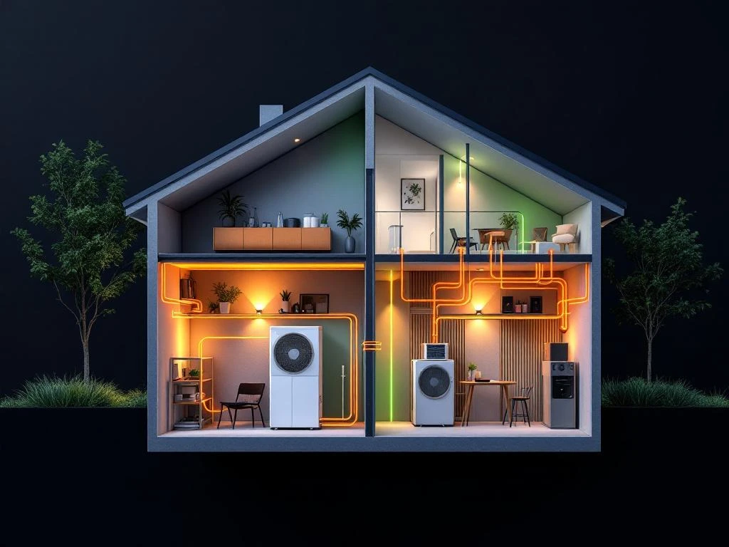 Doorsnede van compact huis met WeHeat warmtepomp installatie en energie-stroomvisualisatie in oranje en groen