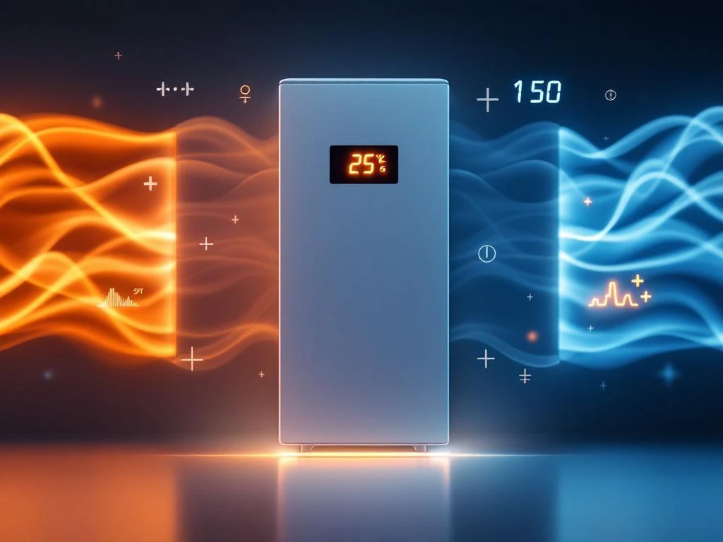 Moderne warmtepomp met digitaal display en slimme sensoren, omgeven door energiegolven in oranje en blauwe tinten