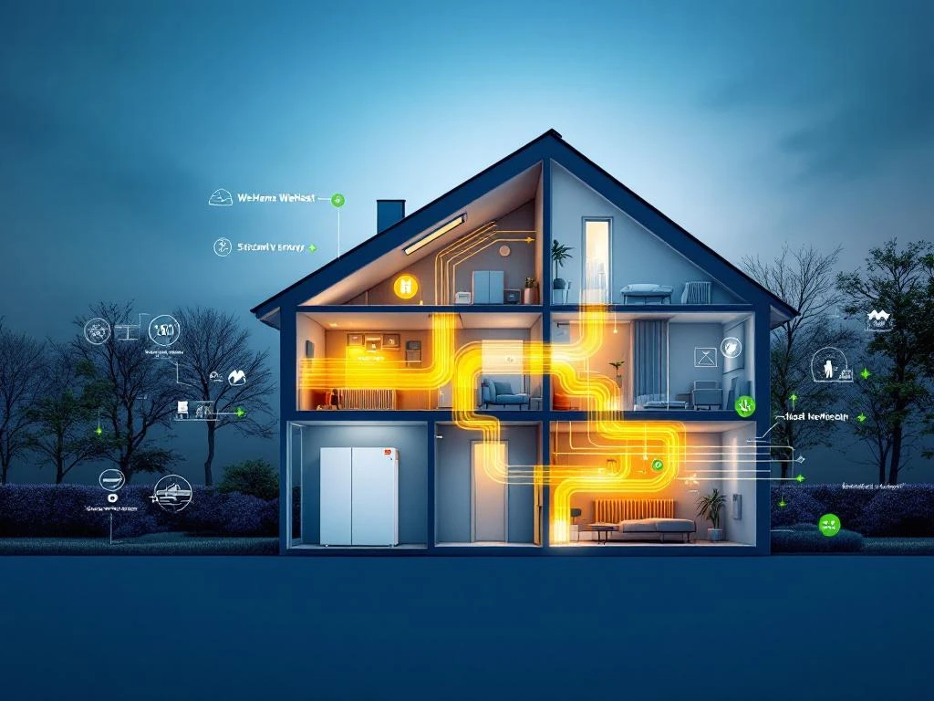 WeHeat warmtepomp in moderne Nederlandse woning met warmtestroming door radiatoren en duurzame energie-indicatoren