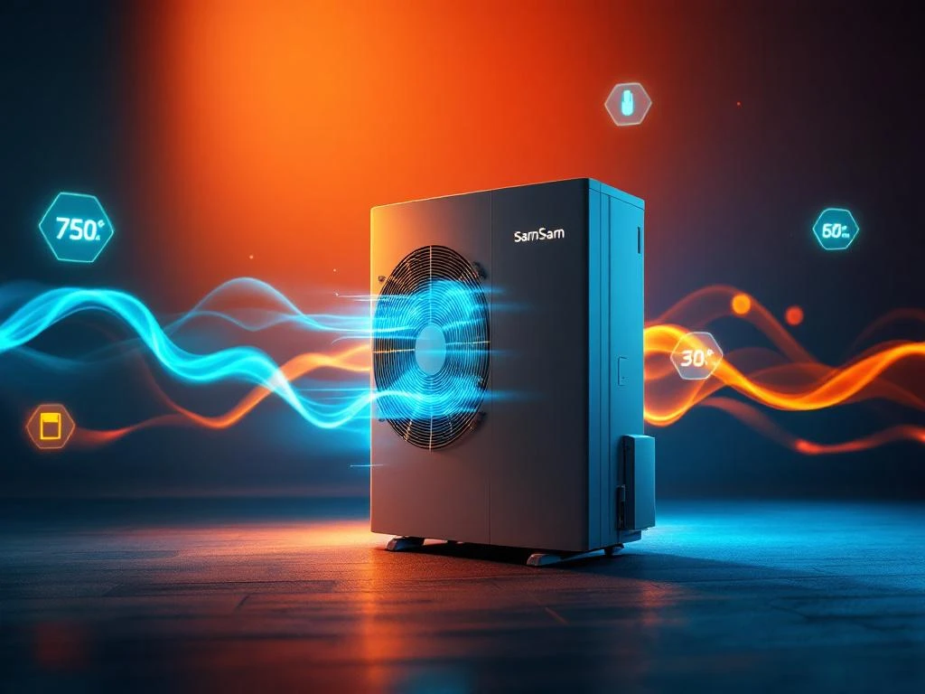 Moderne warmtepomp met dynamische energiestromen in oranje en blauw, efficiëntie-indicatoren en temperatuurregeling