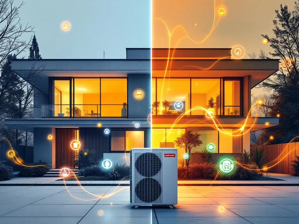 WeHeat warmtepomp voor modern jaren 70 huis, helft koud blauw (oude verwarming) helft warm oranje-groen (energiezuinig)