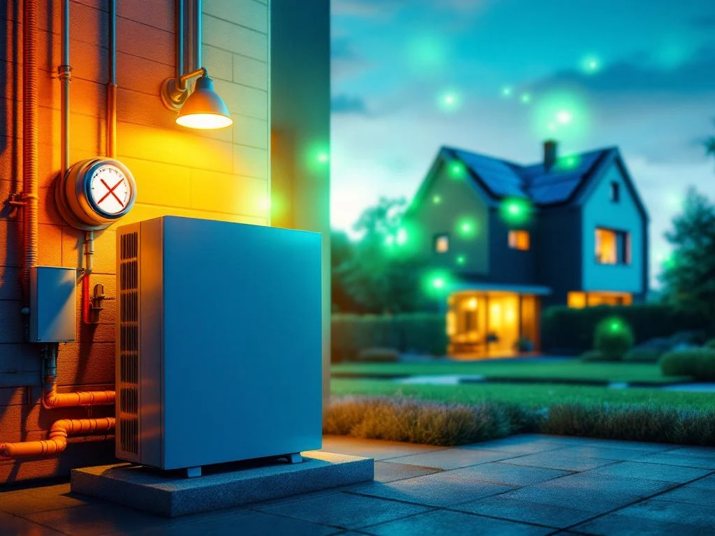 Moderne warmtepomp voor Nederlandse woning met zonnepanelen, overgang van gasverwarming naar duurzame energie