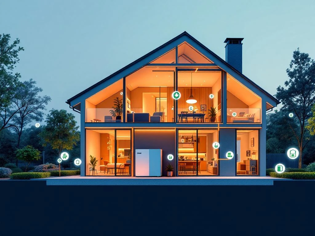 WeHeat warmtepomp in doorsnede Nederlands huis met oranje energiestromen en duurzaamheidssymbolen