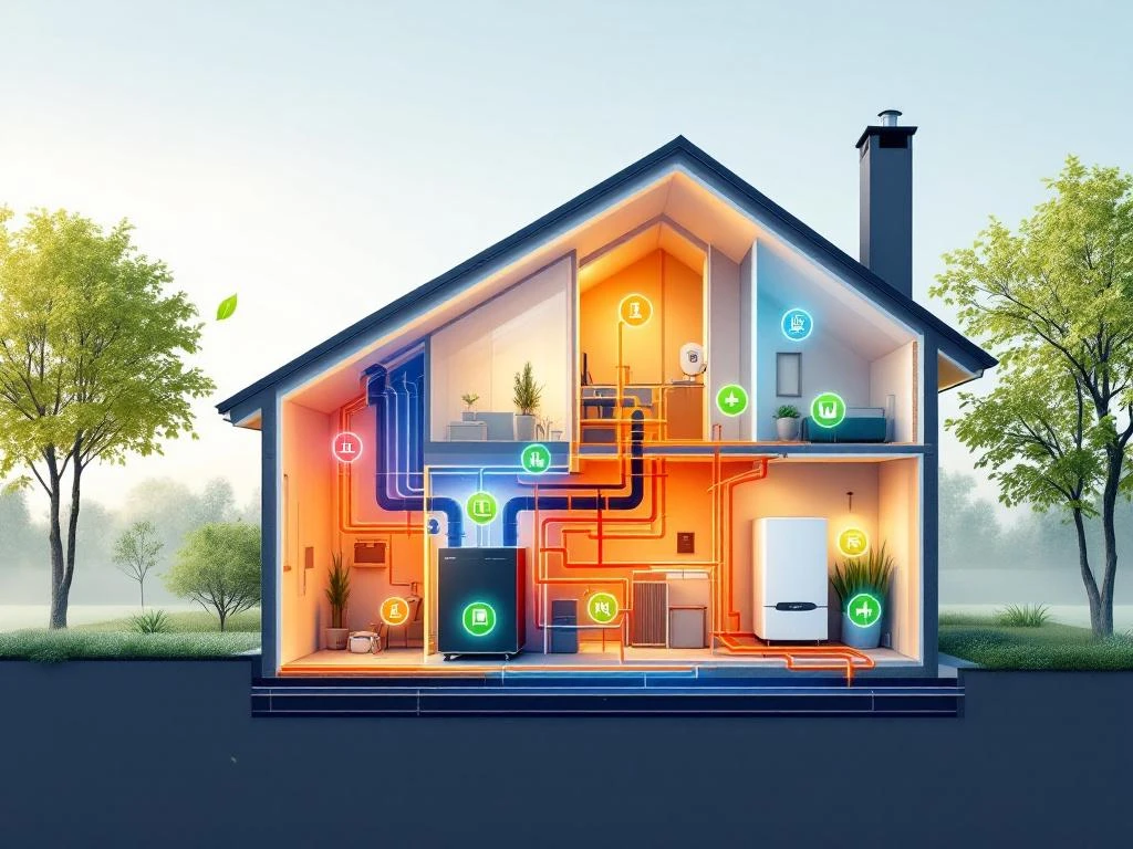 Doorsnede van modern Nederlands huis met hybride verwarmingssysteem: WeHeat warmtepomp gekoppeld aan traditionele ketel