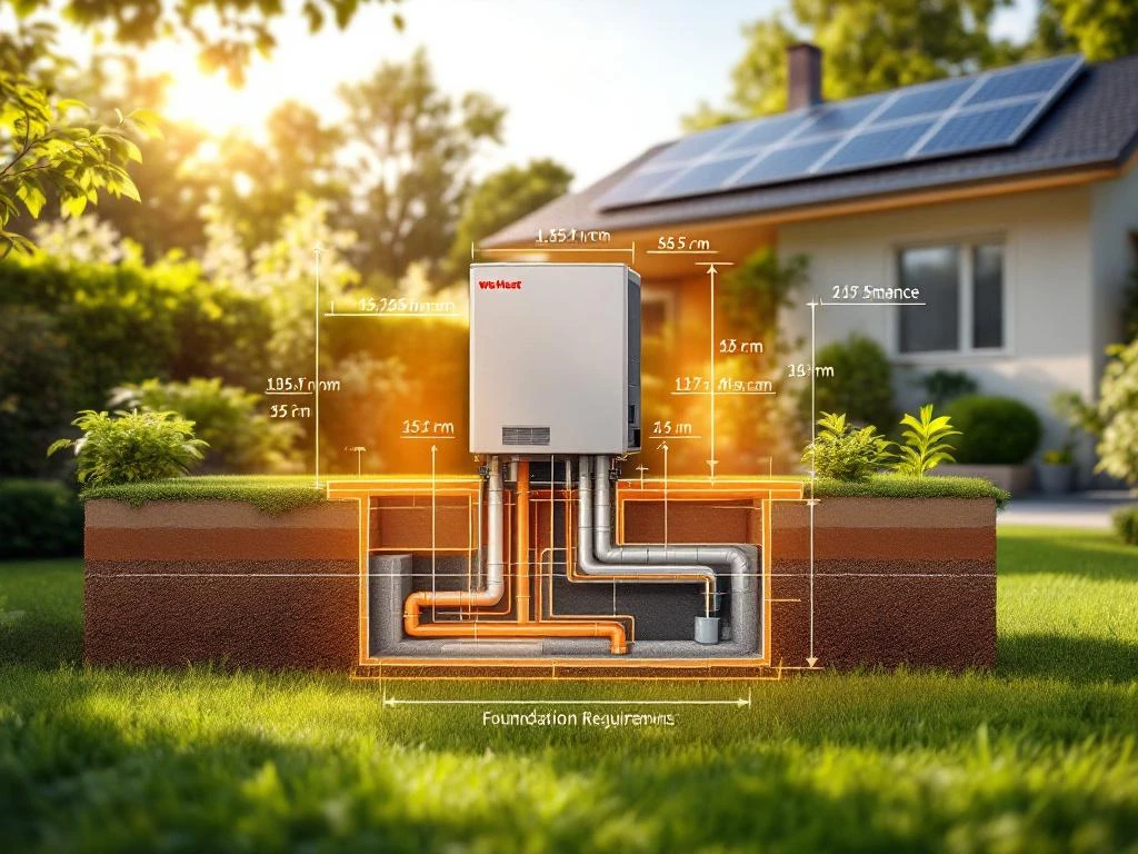 WeHeat warmtepomp in achtertuin met installatieafstanden, ondergrondse leidingen en zonnepanelen op dak