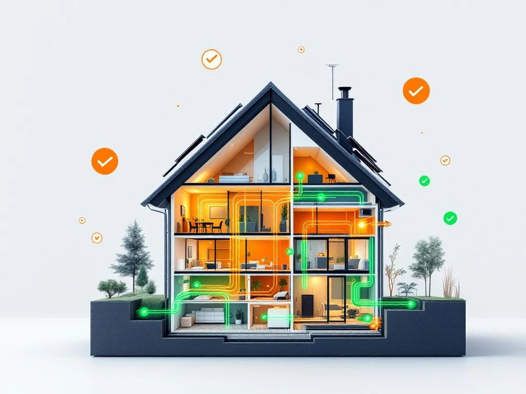Doorsnede moderne Nederlandse woning met WeHeat warmtepomp, energiestromen en zonnepanelen voor duurzame verwarming
