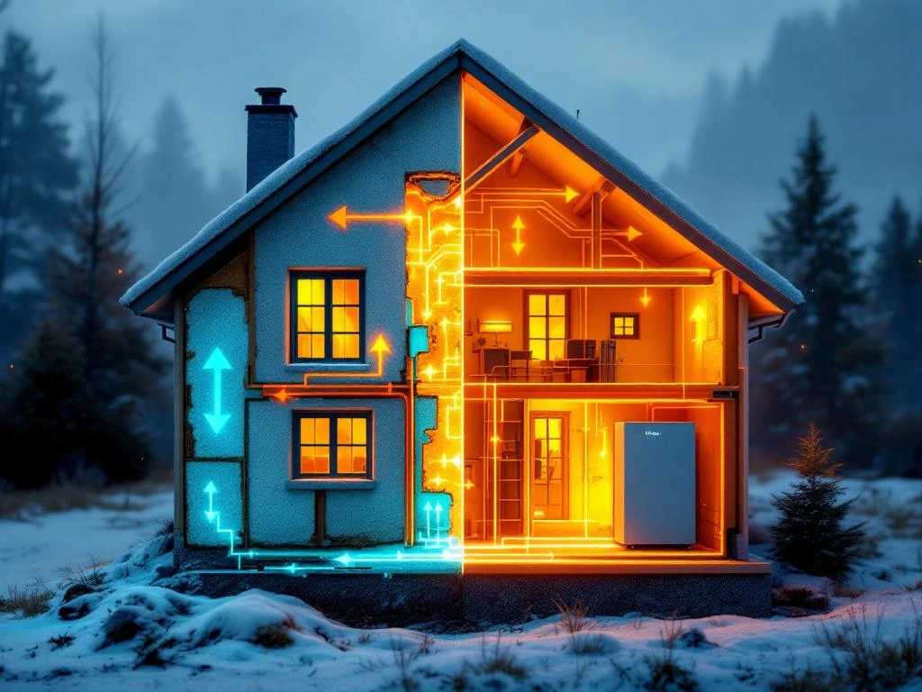 WeHeat warmtepomp in oranje en groen naast doorsnede huis met slechte isolatie en koude lekken, warmtestroom visualisatie