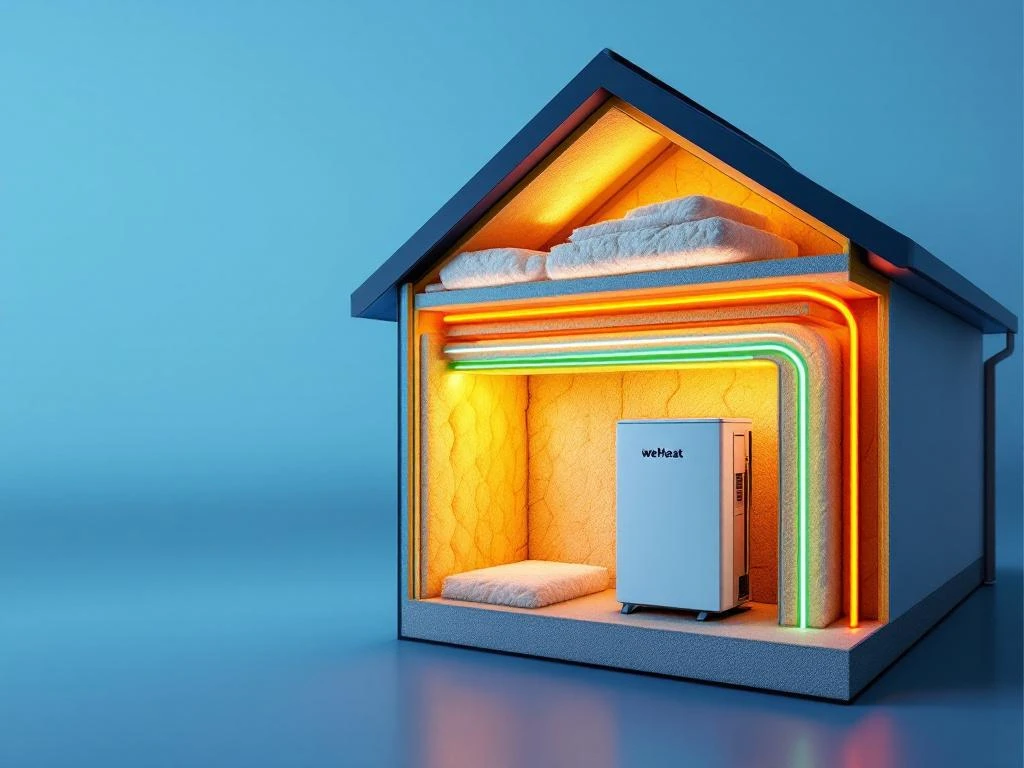 WeHeat warmtepomp in doorsnede huis met dikke isolatielagen en energie-efficiëntie visualisatie