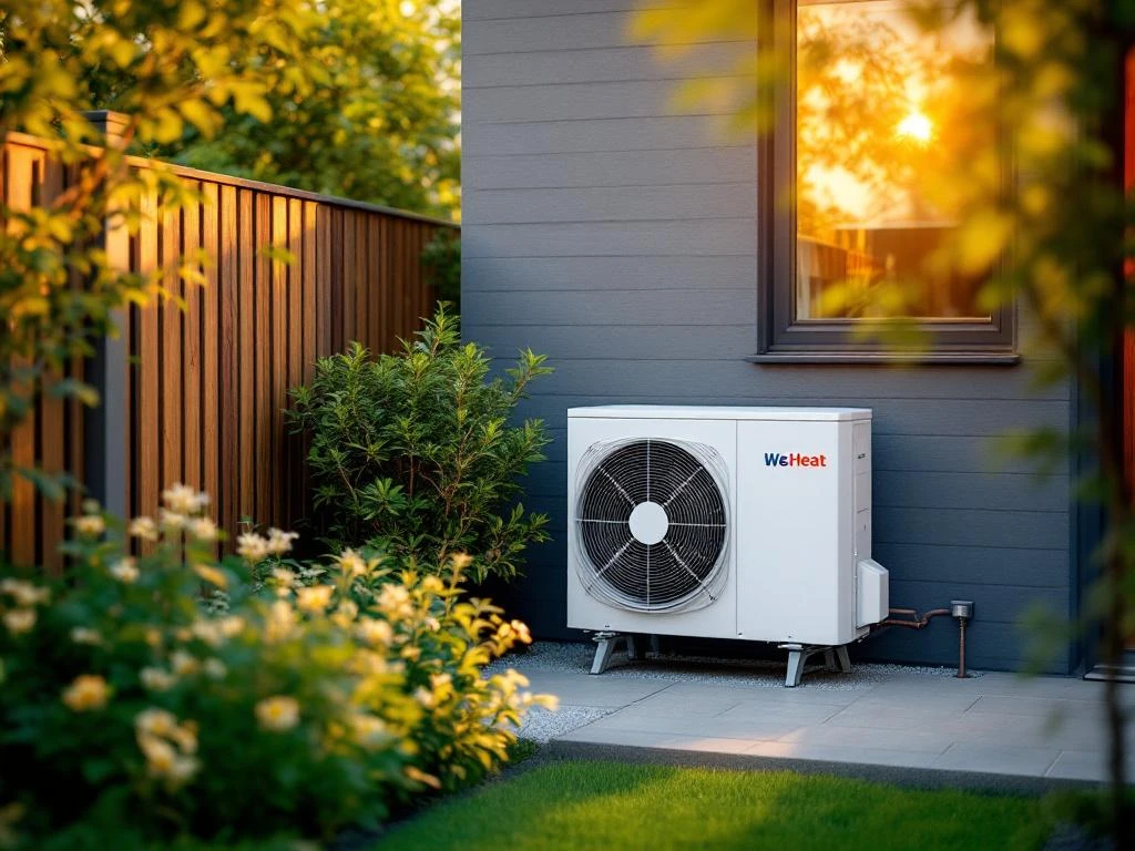 WeHeat warmtepomp in compacte Nederlandse tuin tussen groene planten en houten schutting met duurzame energie-integratie