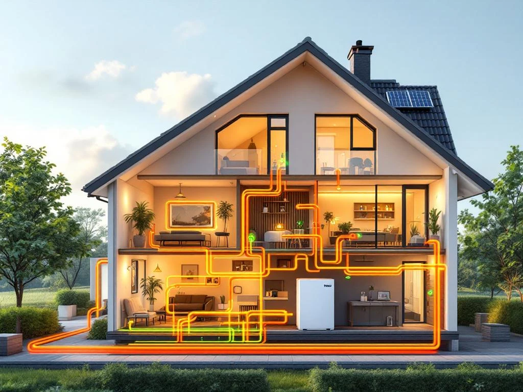 WeHeat warmtepomp verbonden met traditionele radiatoren in modern Nederlands huis, met groene en oranje energiestromen