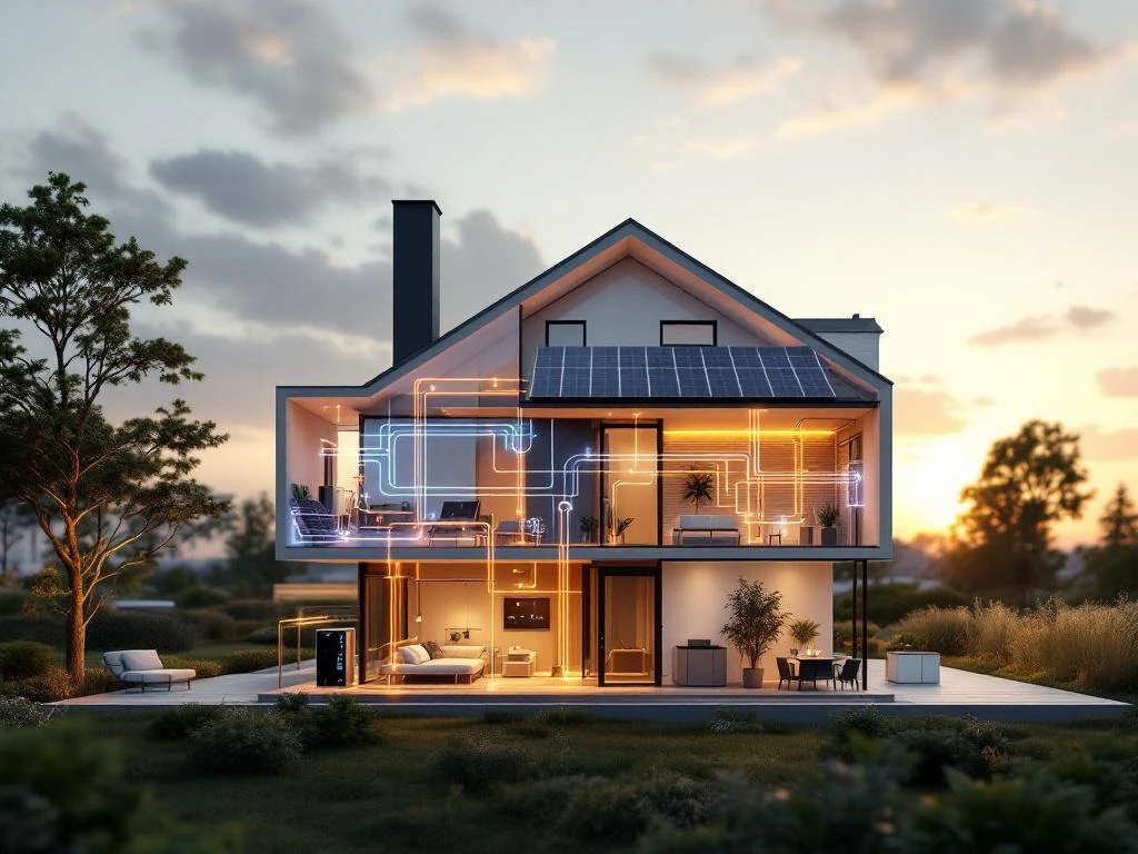 WeHeat warmtepomp in moderne woning met zonnepanelen, batterij en slimme energie-stromen in dwarsdoorsnede visualisatie