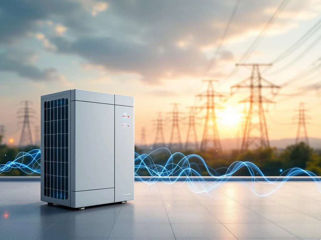 Moderne warmtepomp met blauwe LED-indicatoren voor elektrisch netwerk met energiestromen en waarschuwingssymbolen