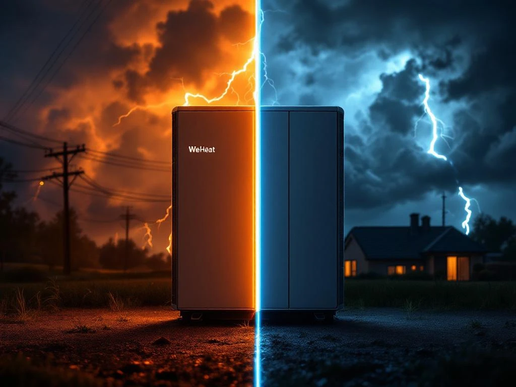 WeHeat warmtepomp unit met split-screen effect: helft gloeit oranje energie, helft donker tijdens stroomuitval met onweer