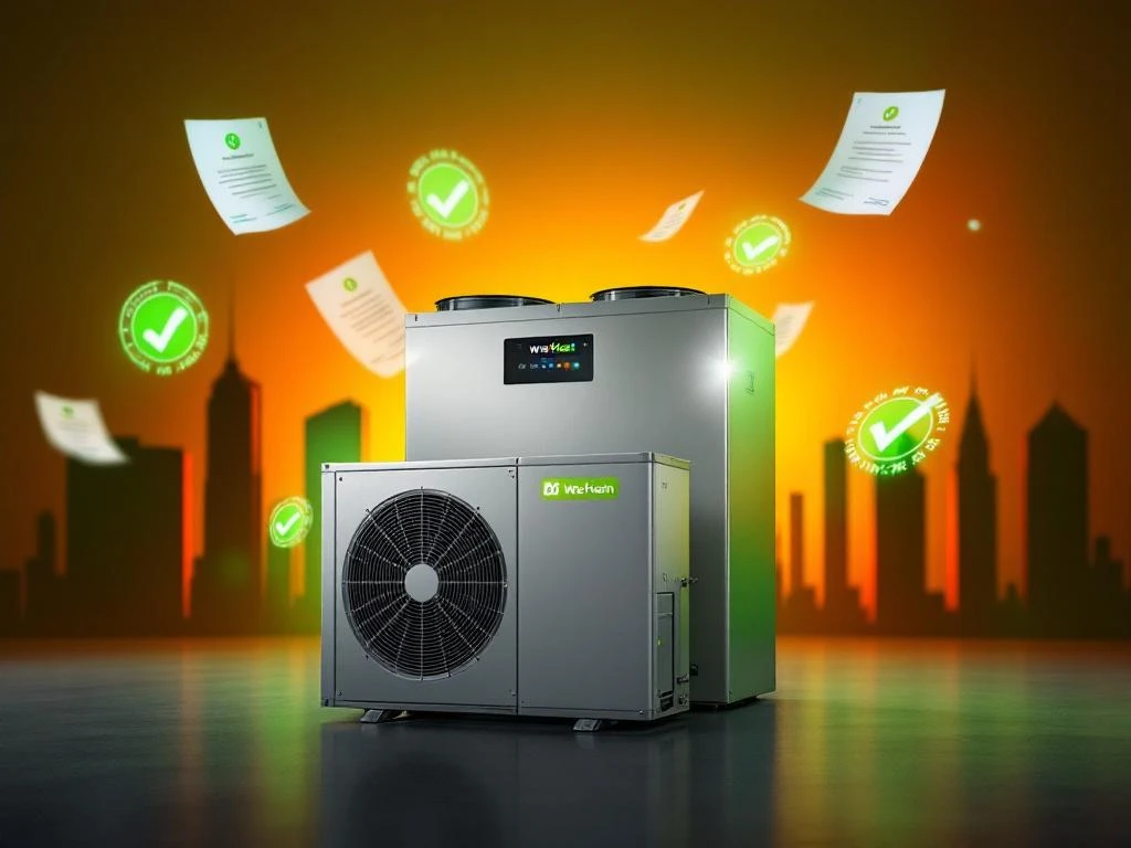 WeHeat warmtepomp met officiële vergunningsdocumenten en goedkeuringsstempels tegen duurzame energie achtergrond