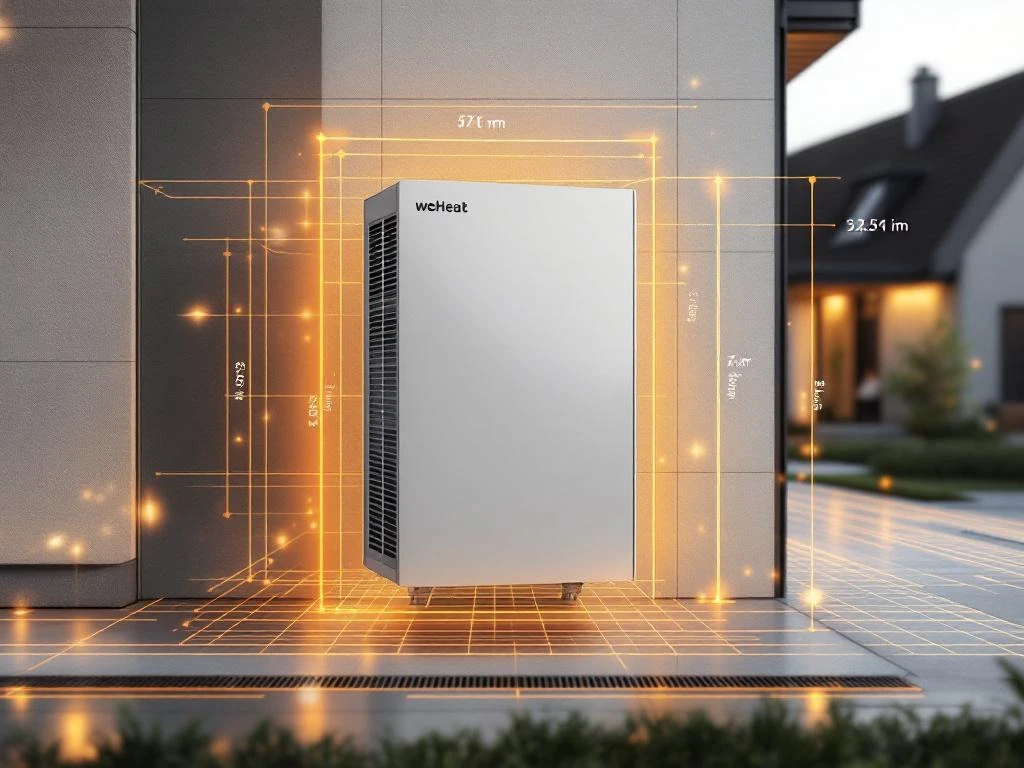 WeHeat warmtepomp in compact wit-grijs design naast Nederlandse woning met maatvoering en duurzame verlichting