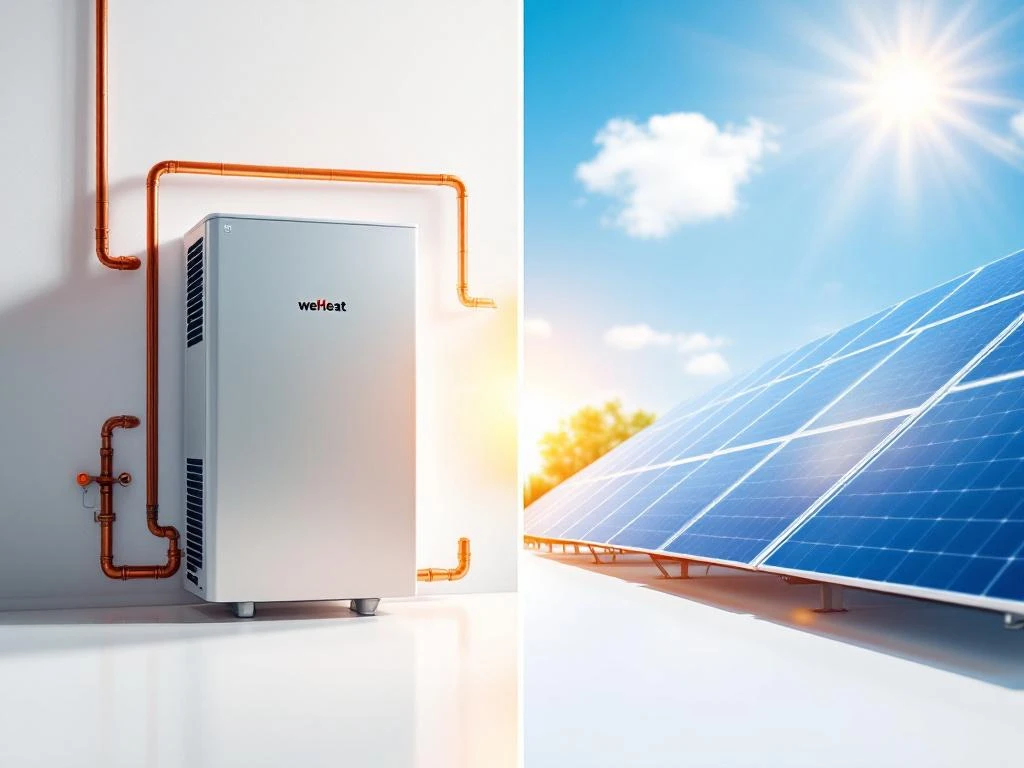 WeHeat warmtepomp verbonden met blauwe zonnepanelen door energielijnen, met gouden lichtstralen op witte achtergrond