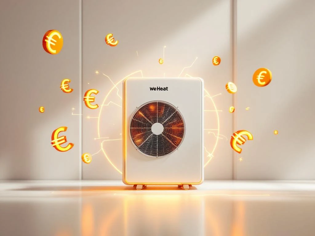 WeHeat warmtepomp met gouden euro symbolen en prijslabels, verlicht door groene en oranje energielijnen op witte achtergrond
