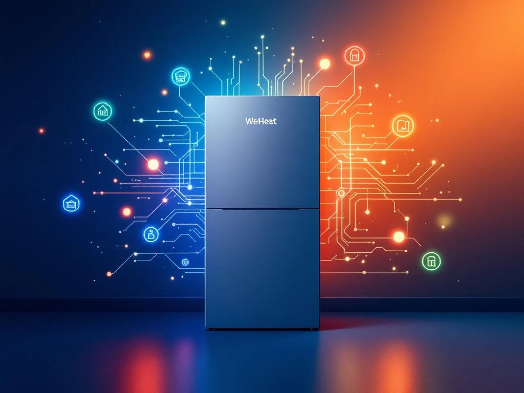 WeHeat warmtepomp met slimme LED-indicatoren, omgeven door digitale circuitpatronen en duurzame energie-visualisaties