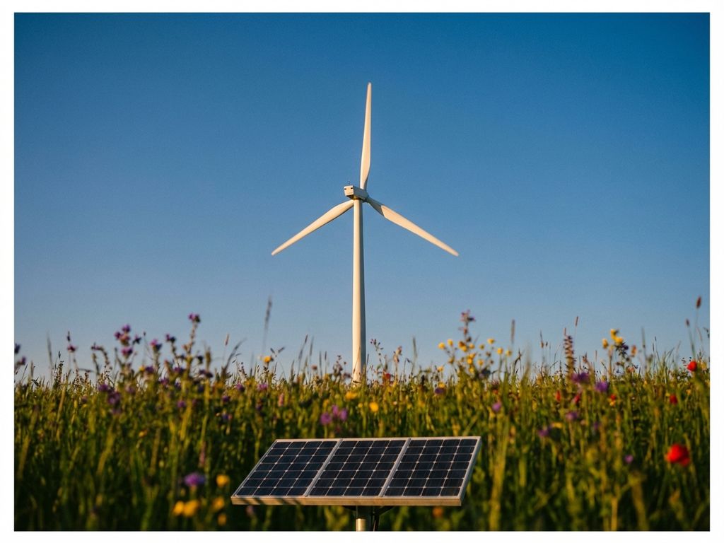 Witte windturbine met draaiende bladen tegen blauwe lucht, zonnepanelen en wilde bloemen in voorgrond bij zonsondergang