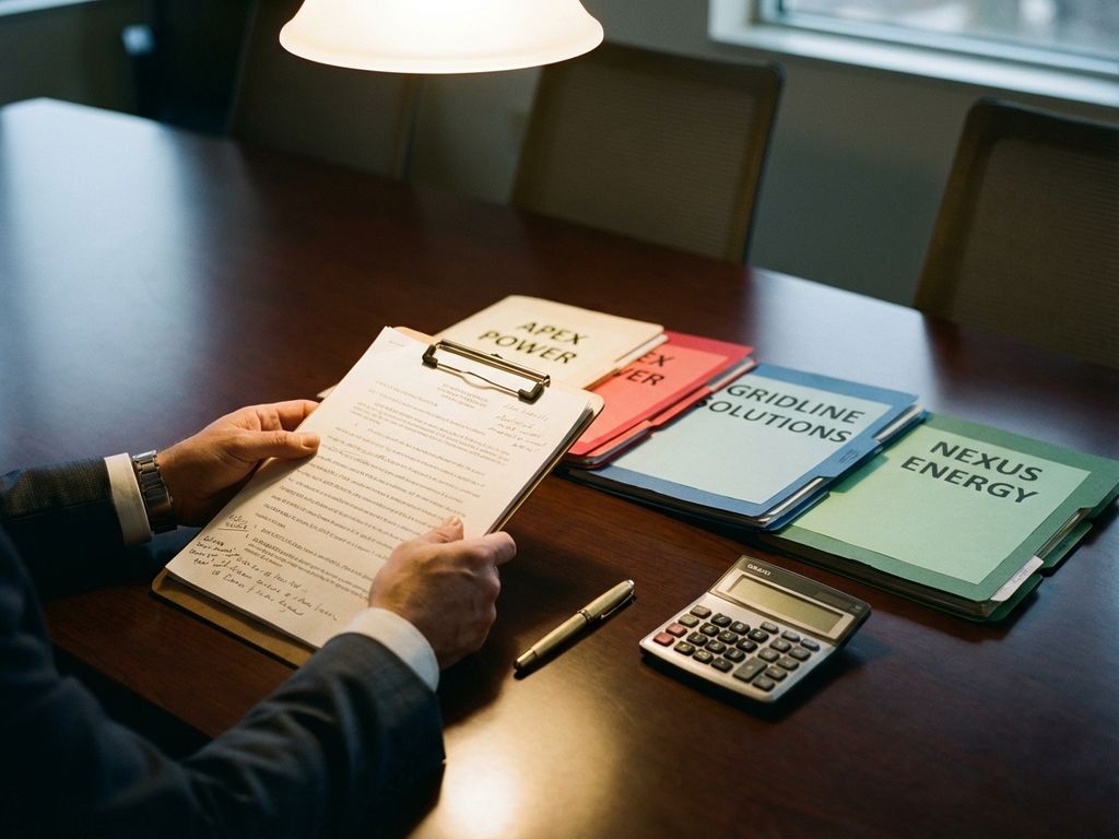 Zakenman houdt klembord vast met contractdocumenten op houten vergadertafel, kleurrijke mappen en calculator ernaast