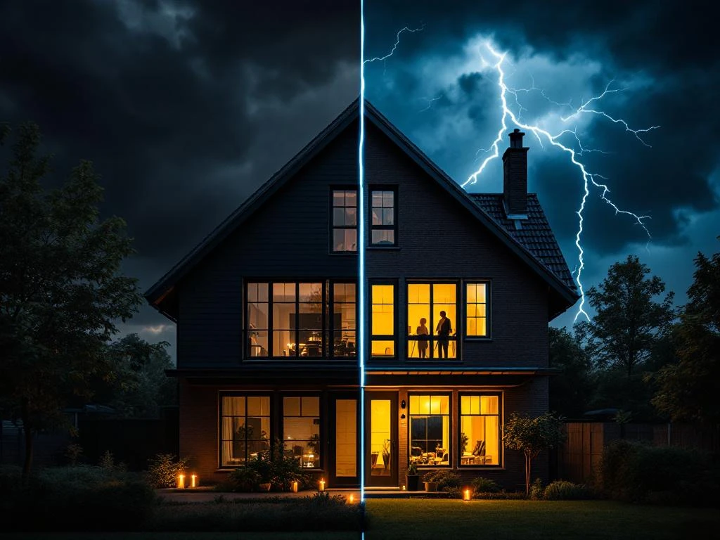 Nederlandse woning tijdens stroomuitval: helft donker, helft verlicht door zonnepanelen en batterijopslag tijdens onweer