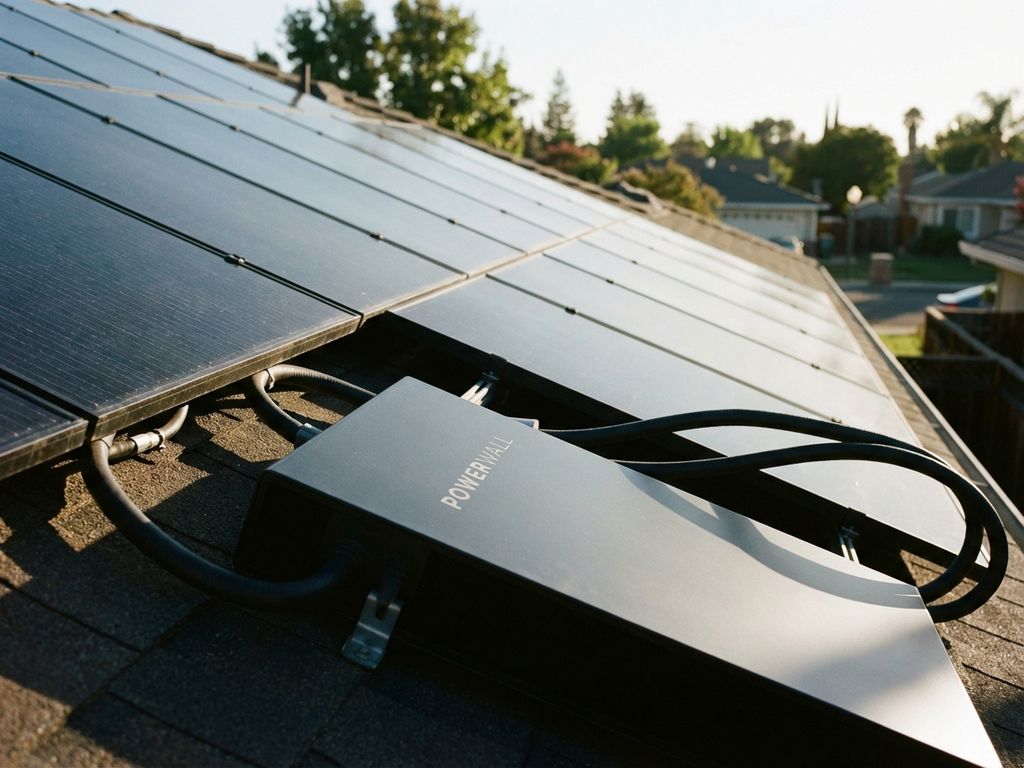 Moderne thuisbatterij onder zonnepanelen op woonhuis dak, verbonden met kabels, zonnige middag in buitenwijk