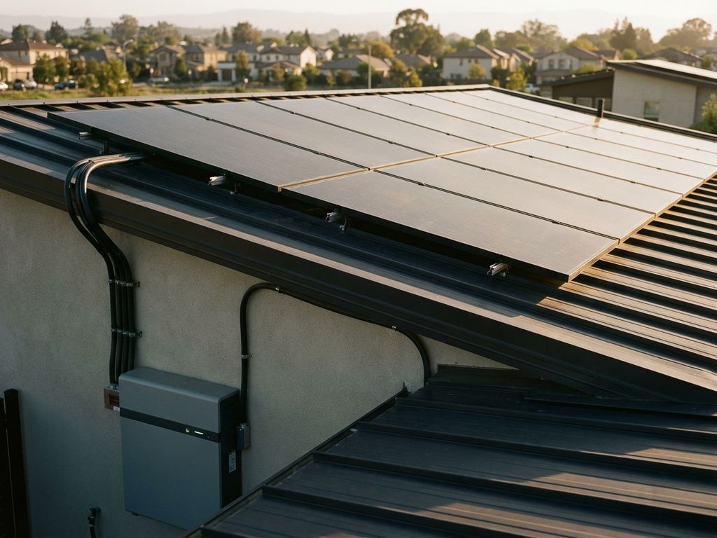 Moderne zwarte zonnepanelen op huisdak met batterij-eenheid en kabels, gefotografeerd vanuit lage hoek in warme middagzon