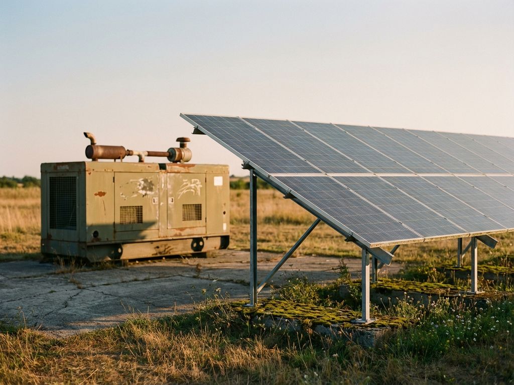 Moderne zonnepanelen op voorgrond met traditionele dieselgenerator op betonnen pad, gouden uurtje verlichting