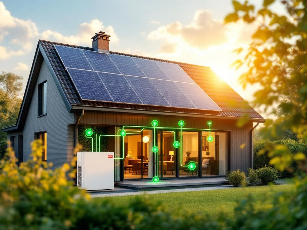Modern Nederlands huis met zonnepanelen op dak en WeHeat warmtepomp, verbonden door energielijnen in duurzame setting