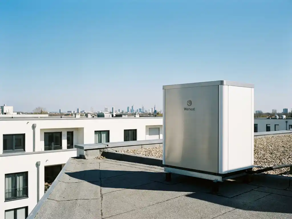 Weheat warmtepomp op plat dak van wit woongebouw tegen heldere blauwe lucht, moderne energiezuinige installatie