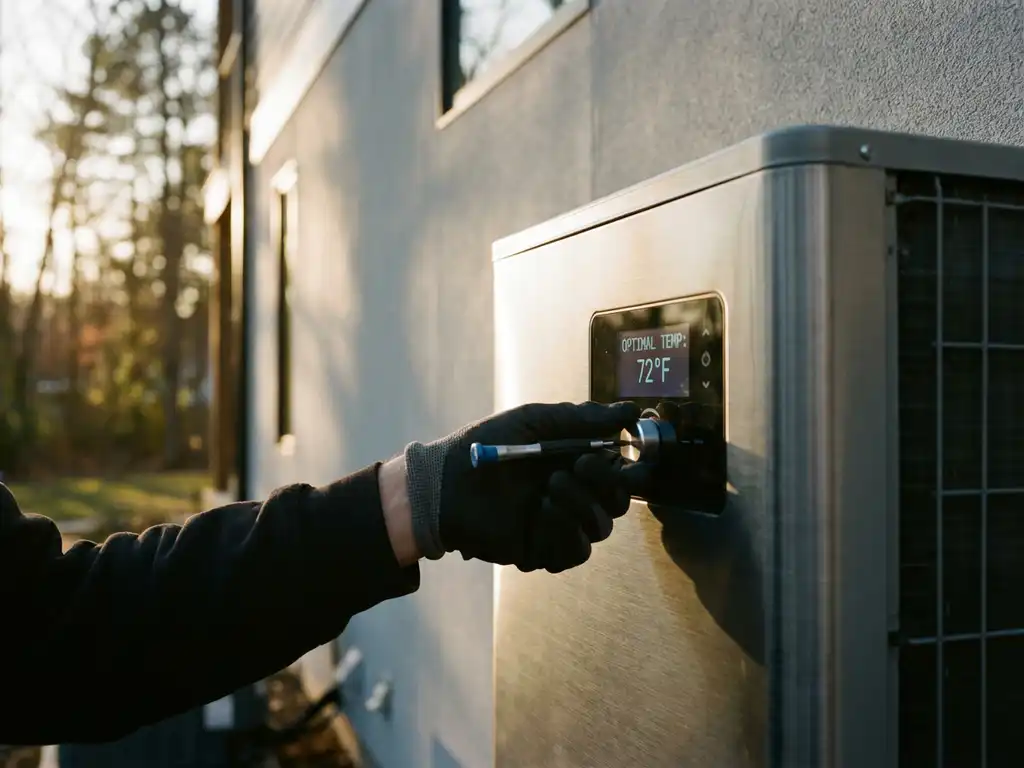 Technicus past warmtepomp bedieningspaneel aan tegen moderne huismuur tijdens gouden uur