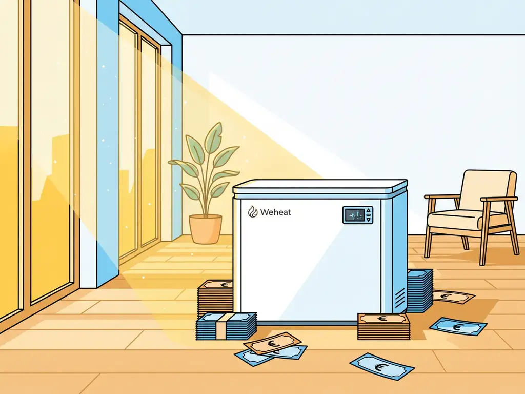 Weheat warmtepomp in moderne woonkamer met eurobiljetten, zonneschijn door ramen, vectorillustratie stijl