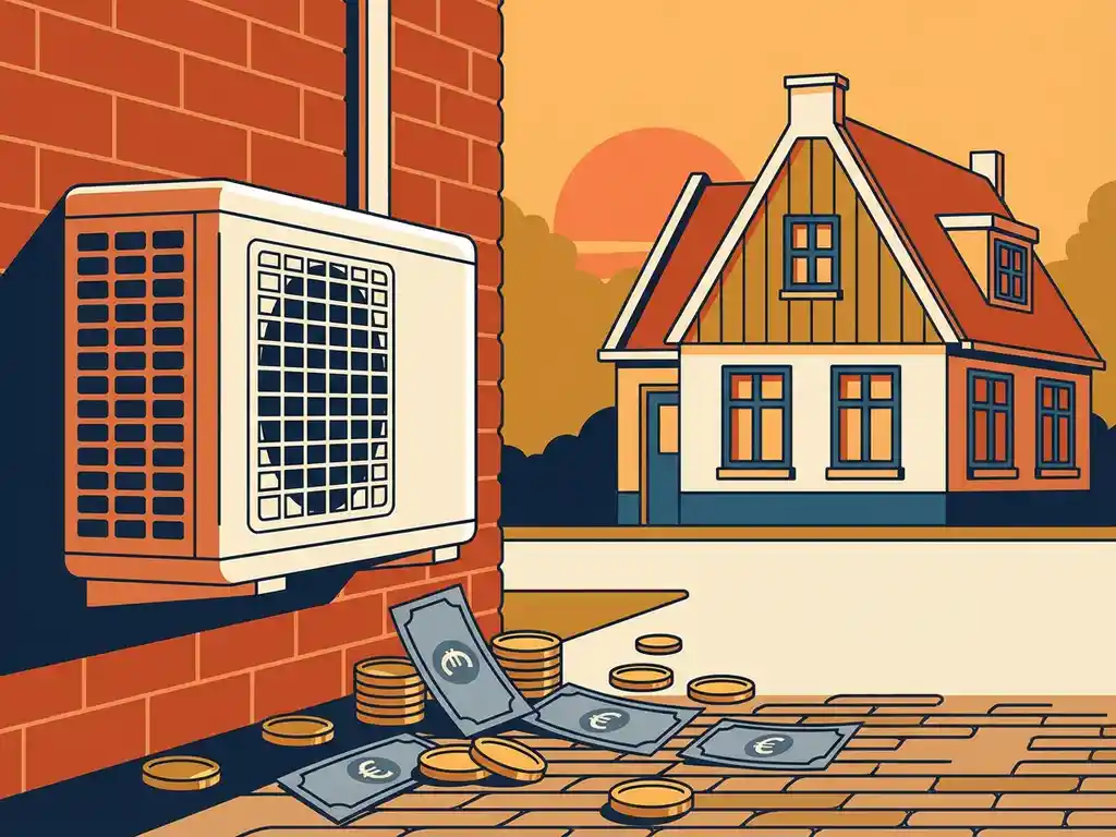 Witte warmtepomp naast bakstenen huis met gouden munten en eurobiljetten op de grond, Nederlandse woonwijk