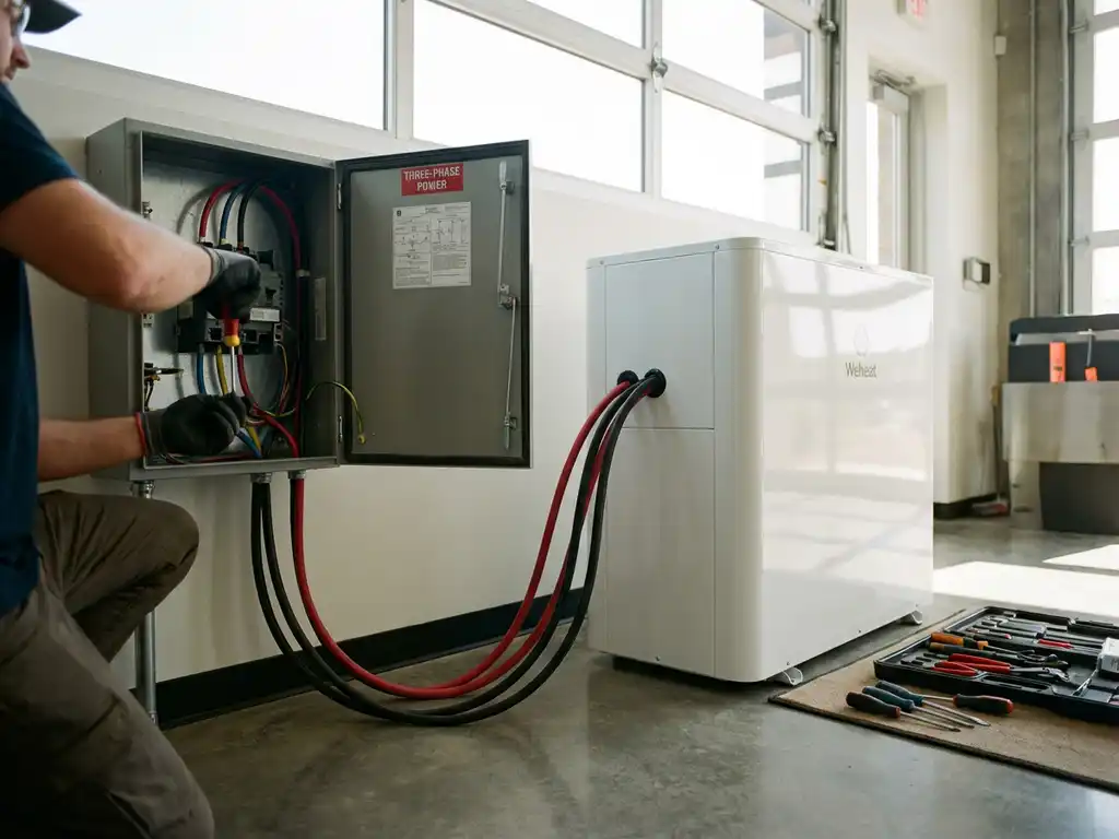 Technicus installeert Weheat warmtepomp naast elektrisch paneel met driefasige stroomaansluitingen in moderne woning