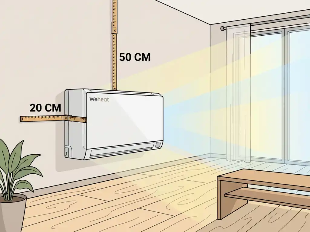 Witte Weheat warmtepomp aan muur met meetlint dat vrije ruimte toont in moderne woonkamer met houten vloer