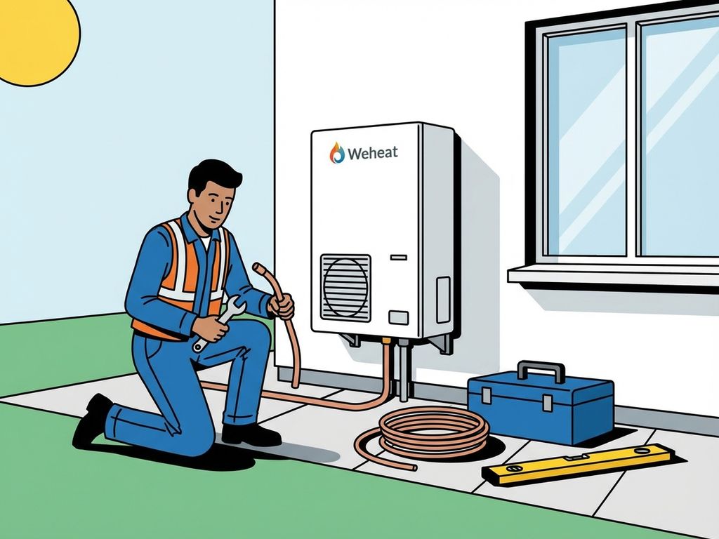 Technicus installeert Weheat warmtepomp door koperen leidingen aan te sluiten bij moderne woning